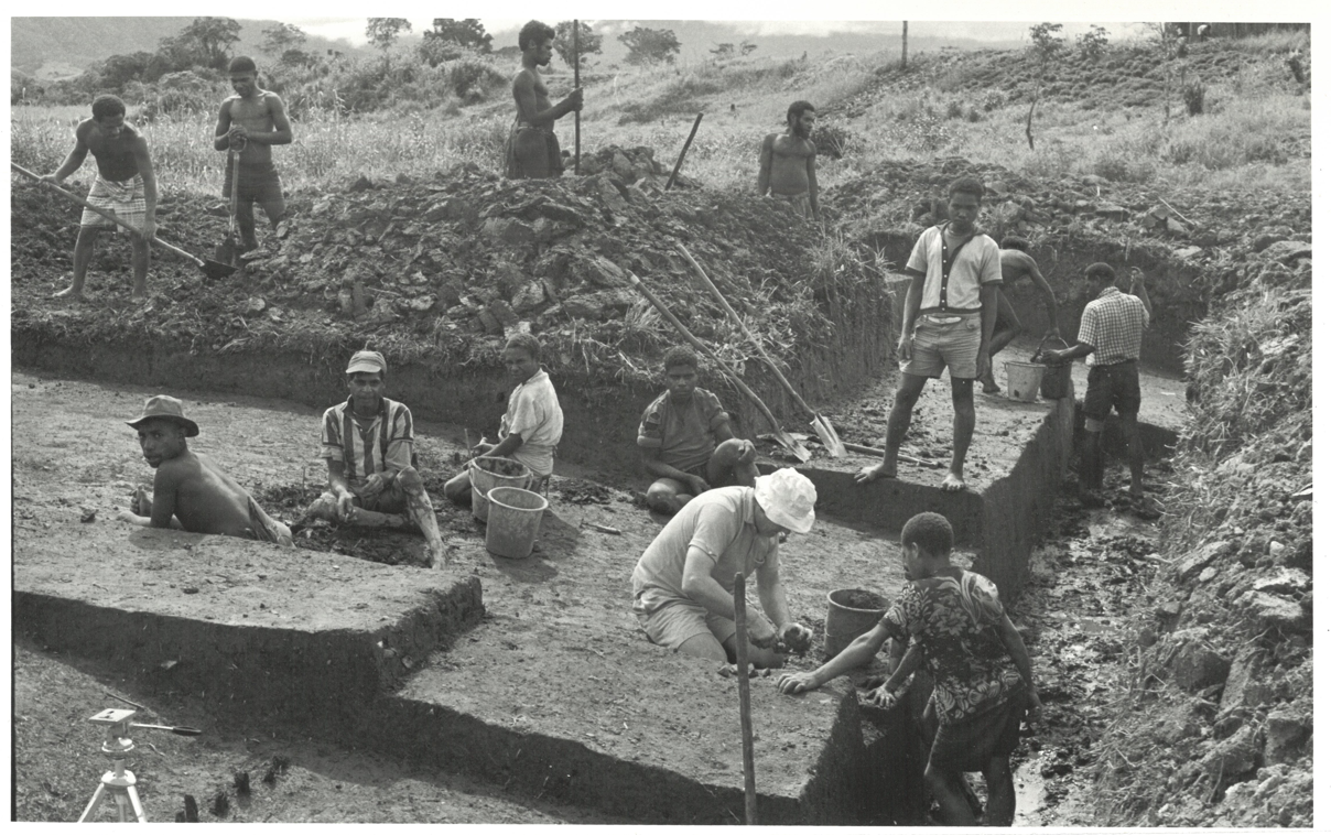 Black and white photo of archaeological excavation