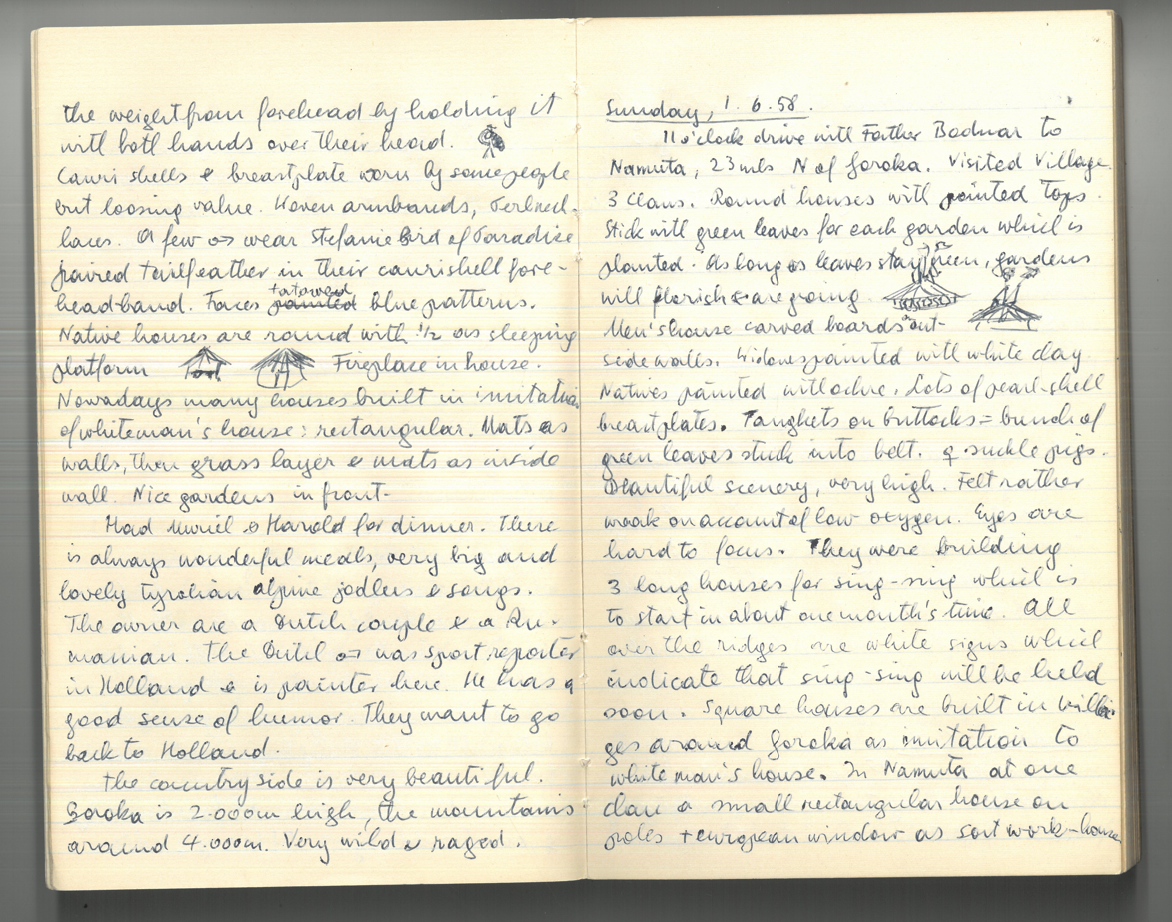 Open hand-written diary, with hand-drawn illustrations