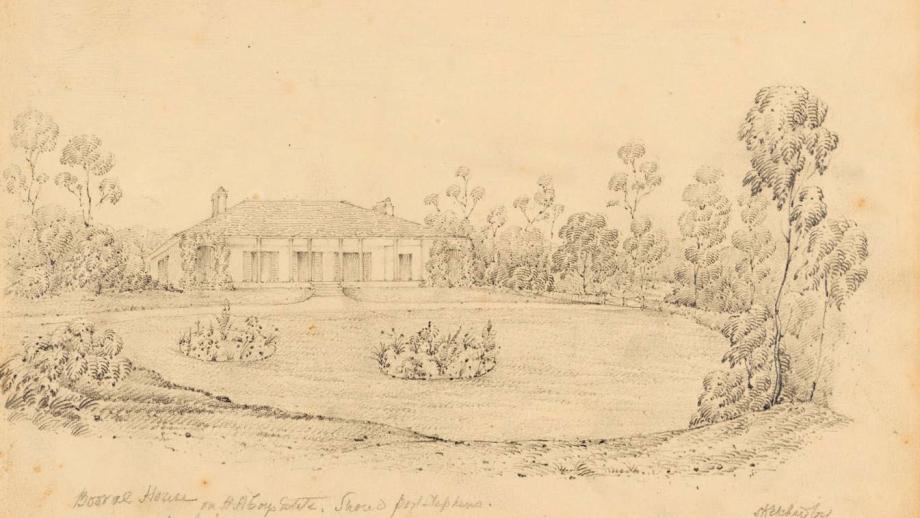 Booral House, Booral, Port Stephens Estate, New South Wales, 1850. Sketch by Marion Ebsworth, daughter of Australian Agricultural Company Acting Chief Agent James Ebsworth (Courtesy of the State Library of New South Wales).