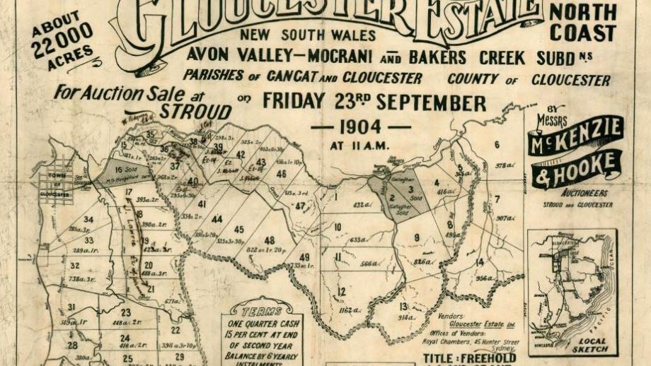 Auction poster for 22,000 acres on the Gloucester Estate, New South Wales, 23 September 1904 (C0021). 