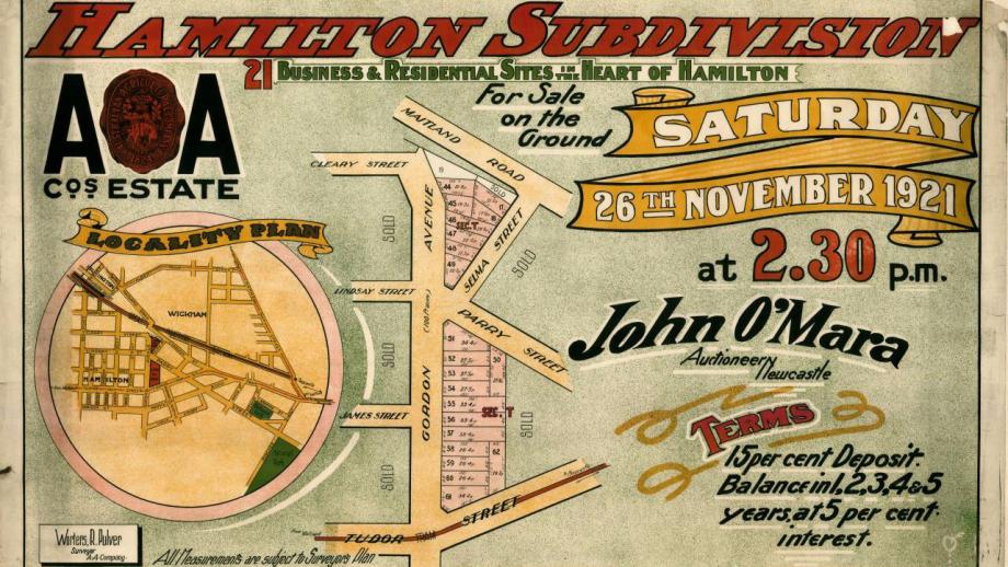 Auction poster for land sale in Section T, Hamilton Subdivision, New South Wales, 1921.