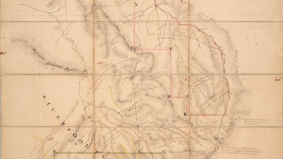 Map by surveyor Henry Dangar of the proposed new Australian Agricultural Company grants on the Liverpool Plains and Peel Valley, New South Wales, 1832 (X93).