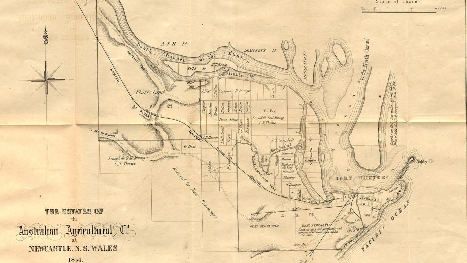 Map of the estate of the Australian Agricultural Company, Newcastle, New South Wales, 1854 (131-4-32, X7).