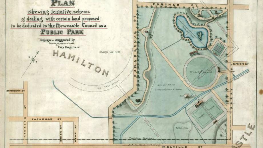 Plan of proposed public park to be donated by the Australian Agricultural Company to Newcastle Council, Newcastle, New South Wales, undated. Drawn by Louis B. Blackwall (A848).