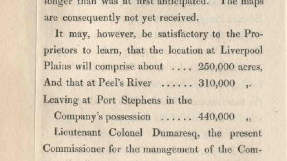 Page from Australian Agricultural Company Report giving details of new grants on the Liverpool Plains and Peel River, 1835 (S301-11). 