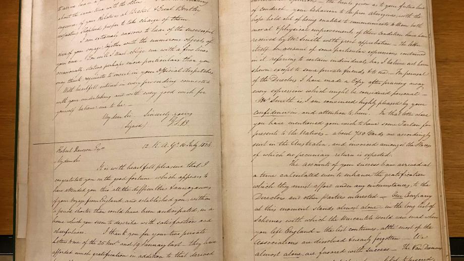 Pages from a private letterbook of the Australian Agricultural Company's London Secretary to recipients in New South Wales, 1825-1831 (78-6).