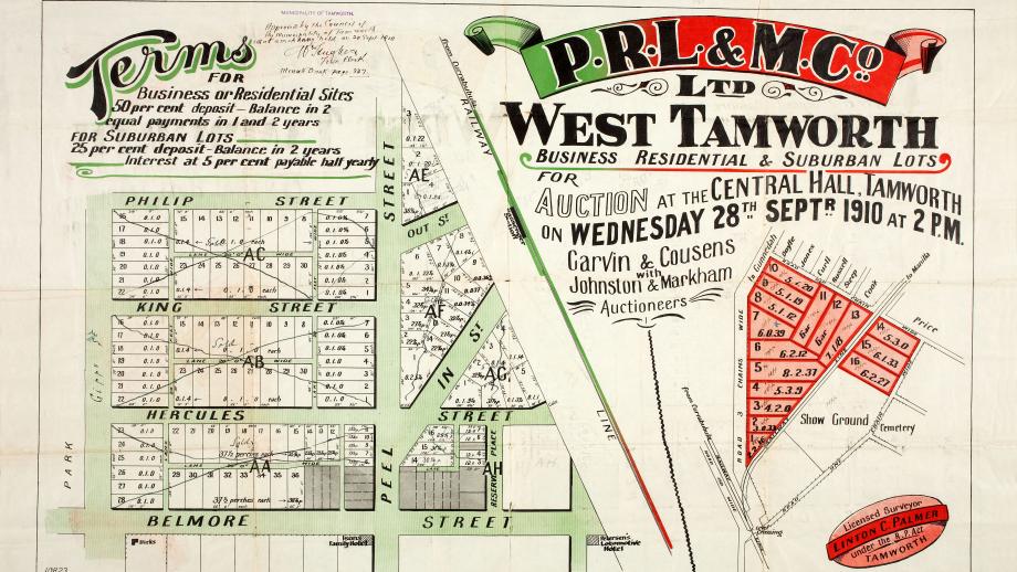 Auction poster for lots at West Tamworth, Peel Estate, New South Wales, 28 September 1910 (X285).