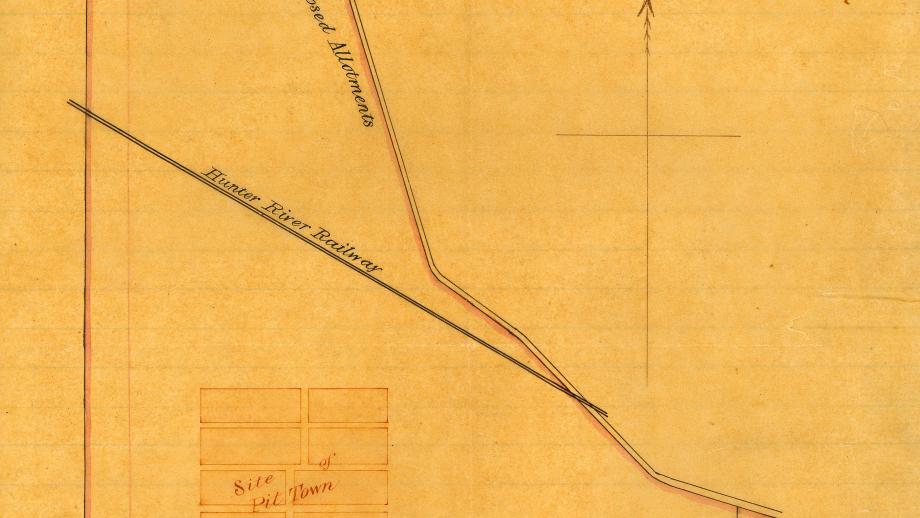 Plan showing proposed site of Pit Town in relation to the D and E Pits, Newcastle, New South Wales, 1855 (X1723; 78-3-3 f394).