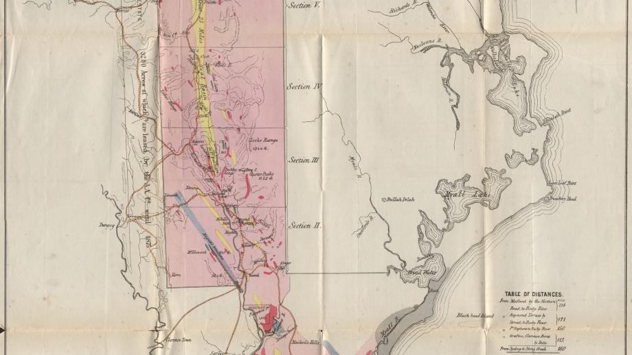 Geological map of the Australian Agricultural Company's Port Stephens Estate, New South Wales, drawn by German geologist Frederic Odernheimer, 1856-1857 (S301-32B).