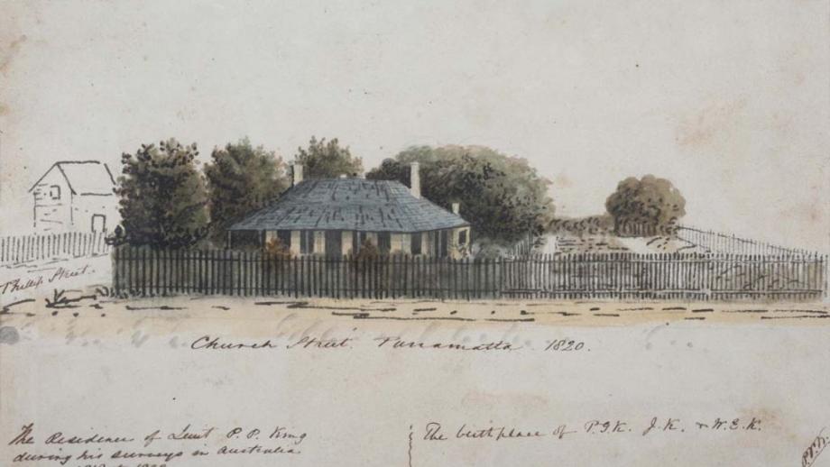 Residence of Phillip Parker King while undertaking surveys between 1818-22 and birthplace of Philip Gidley King, Parramatta, New South Wales, 1820 (Courtesy of the Silentwood Foundation). 