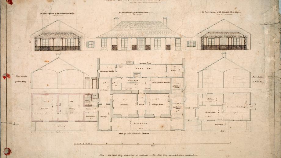 Tahlee House, Port Stephens Estate, 1830 (1-464, P11). Drawn by Australian Agricultural Company surveyor John Armstrong.