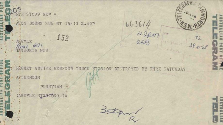 Telegram from Avon Downs Station, Northern Territory, to Australian Agricultural Company Head Office in Tamworth, New South Wales, 1968 (Z241-44).