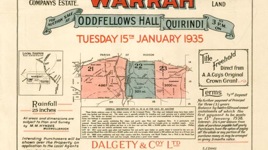 Auction poster for lots at Warrah, Liverpool Plains, New South Wales, 15 January 1935 (D460). 