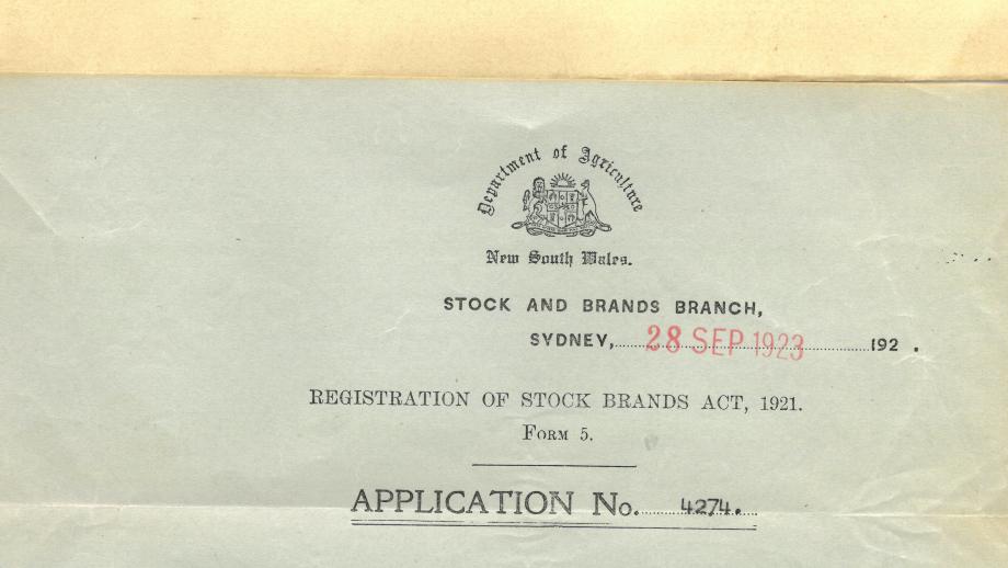 Registration of brand for cattle, Warrah, New South Wales, 28 September 1923 (N75-383-12).