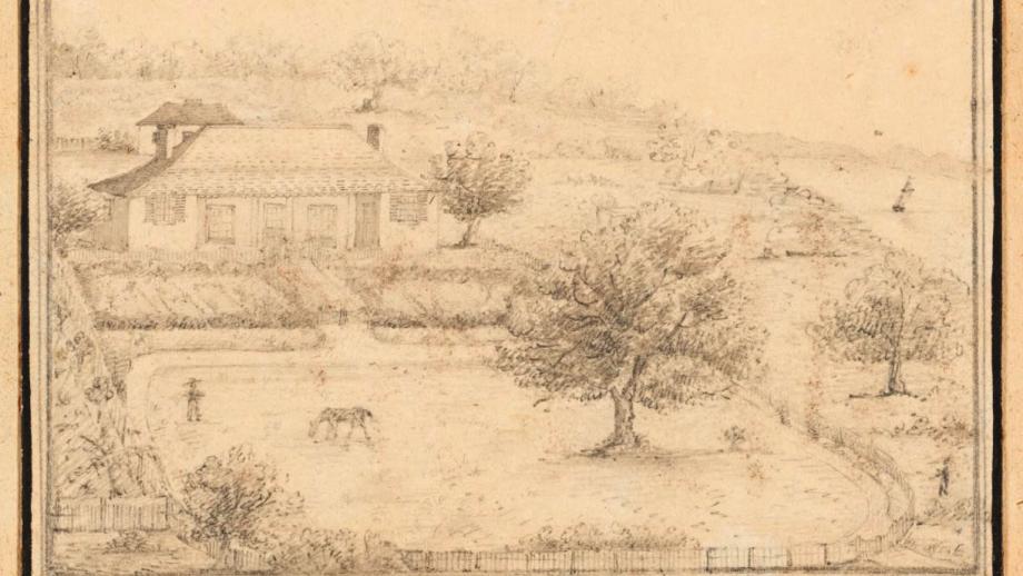 Yahrah (Yarra) Cottage on the Port Stephens Estate, home of James Ebsworth and family, c. 1840. Sketch by Marion Ebsworth, daughter of James Ebsworth (Courtesy of the State Library of New South Wales).