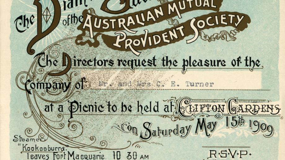 Invitation to a picnic celebrating the AMP Diamond Jubilee at Clifton Gardens, New South Wales, 15 May 1909 (N434-451).