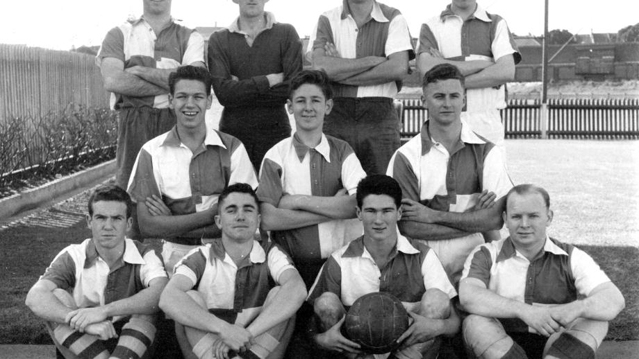 AMP Head Office Football Team pictured before a friendly game vs MLC, 1955 (N434-1419). 