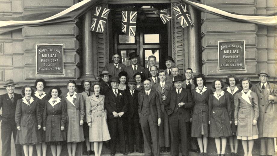 AMP Head Office staff celebrating V.E. Day, Sydney, New South Wales, 1945.