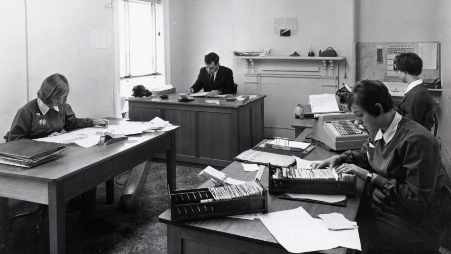 AMP staff working in the Hobart Office, Hobart, Tasmania, c. 1969 (N434-1310-14).