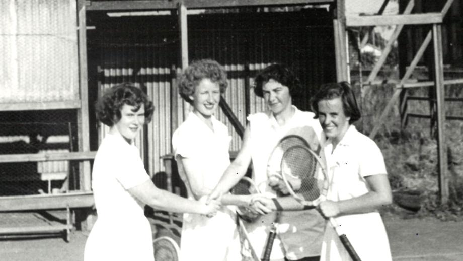 AMP Ladies A Grade Melbourne Office Tennis Team, Melbourne, Victoria, 1951 (N434-1419). Pictured left to right - M. Wiggins, E. Carrick, J. Pooley and V. Alexander.