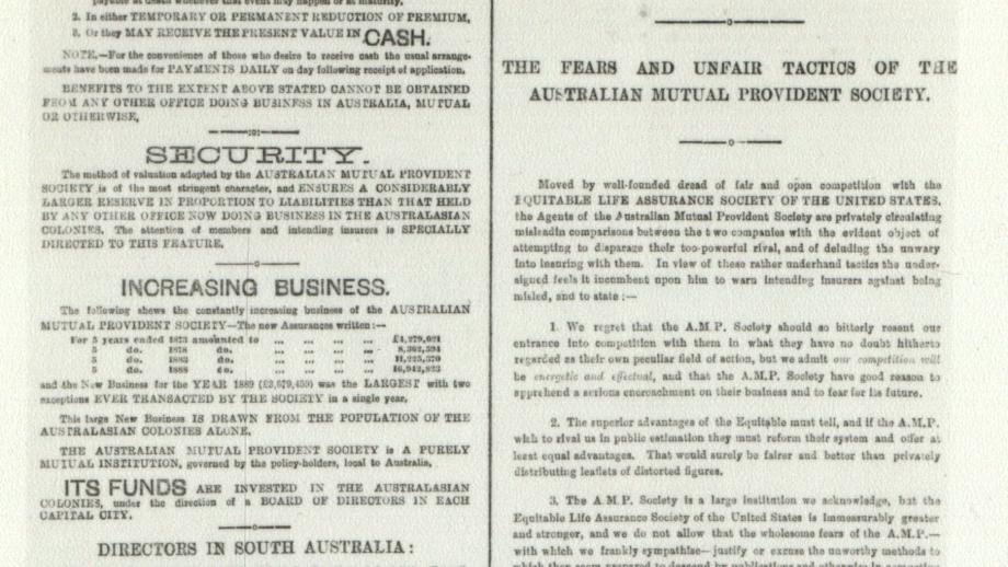 Advertisements highlighting the competition between AMP and The Equitable Life Assurance Society, The Advertiser, Adelaide, South Australia, undated (N434). 