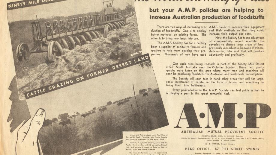Advertisement for the Ninety Mile Desert development, South Australia, Sunday Herald, 1951 (N434).