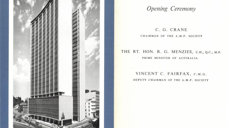 Programme for the opening of the AMP Sydney Cove Building, Circular Quay, New South Wales, 23 February 1962 (N434-604). 