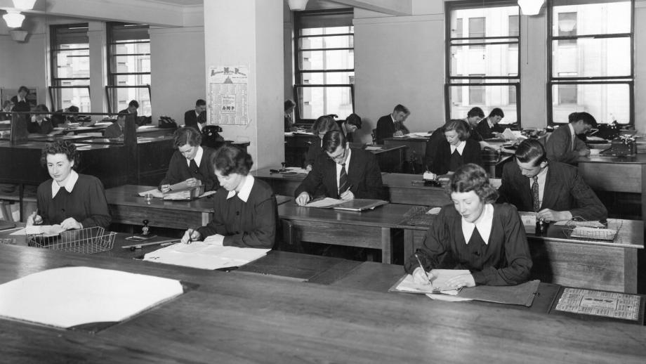 Staff working in the Group Department, 3rd Floor, AMP Office, Melbourne, 1952 (N434-1380). 