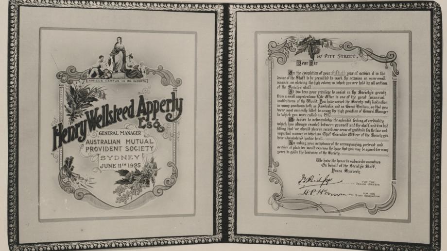 Illuminated address presented to Henry Apperly to celebrate 50 years of service to AMP, 11 June 1925 (N434).