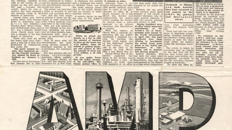 Newspaper article about AMP, Daily Mirror, 6 September 1957.