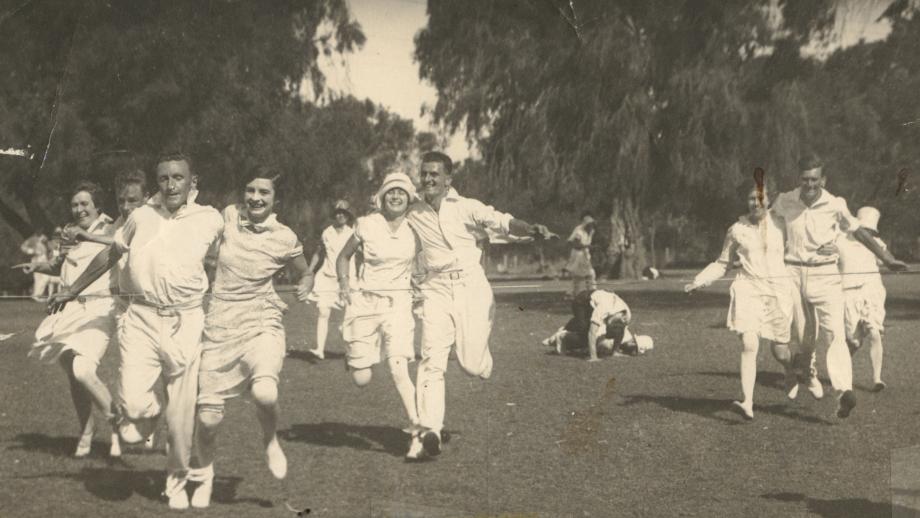 Staff in a three-legged race at the AMP Western Australia Branch picnic, Perth, Western Australia, 1928 (N434-1401). 