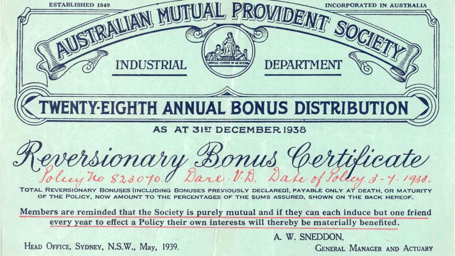 Annual bonus distribution certificate for policyholder V.D. Dare, 3 July 1938 (N434-923).