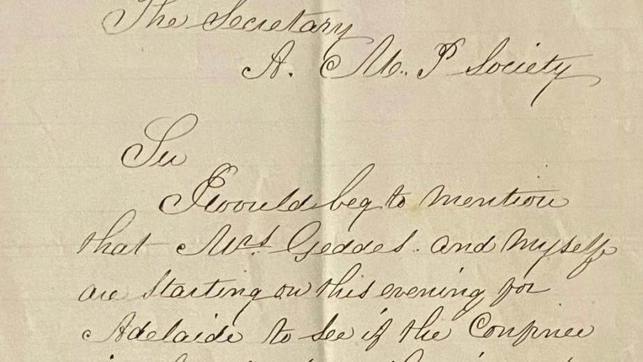 Letter from William Goodwin Geddes Snr to AMP advising of trip to Adelaide to visit his son, 24 September 1889 (N434).