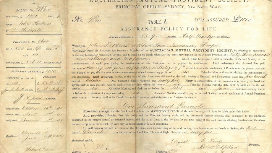 Policy issued by the Australian Mutual Provident Society to John Perkins of Hobart, Tasmania, 14 October 1865 (N434).