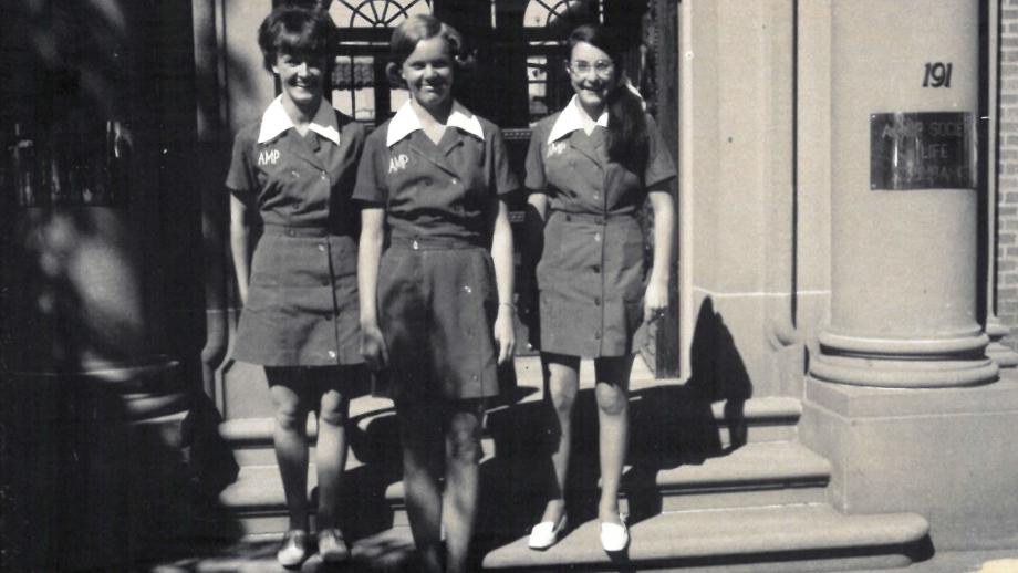 Staff members Penny Nielson, Jan Edwards and Barbara Huggett, AMP Office, Goulburn, New South Wales, 1970 (N434).