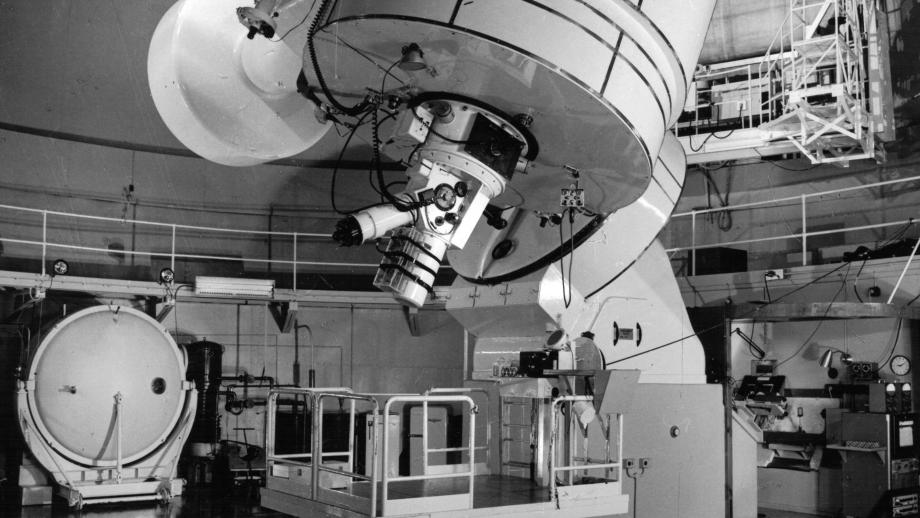 Interior of the 74-inch Telescope, Mount Stromlo Observatory, undated (ANUA615-378).