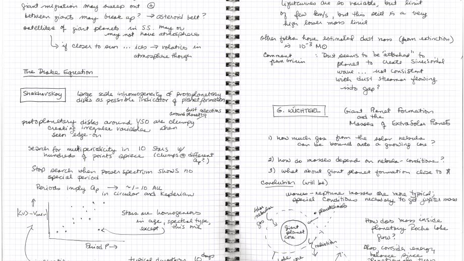 Pages from a notebook belonging to Director Penny Sackett, 'Cargese School on Exoplanets', 1998 (ANUA744-72).