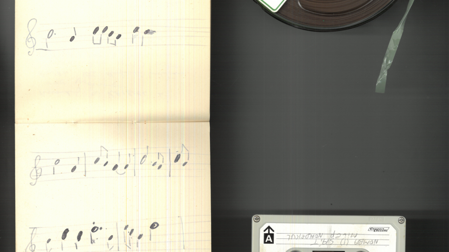 Field notebook with musical notation, sound reel and cassette tape