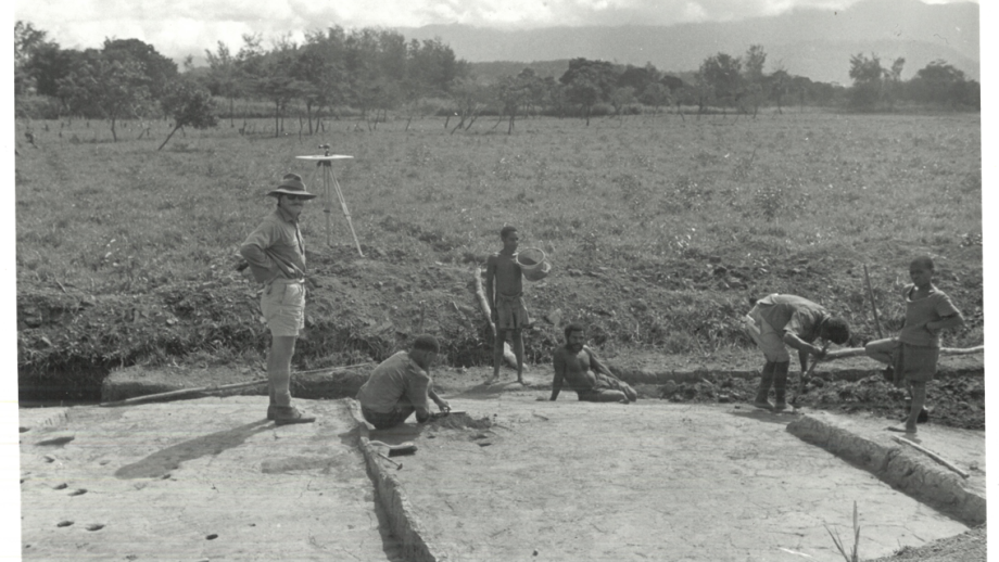 Black and white photo of archaeological excavation