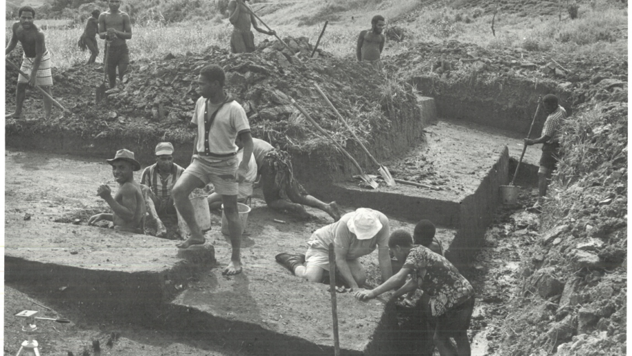 Black and white photo of archaeological excavation
