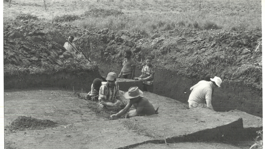 Black and white photo of archaeological excavation