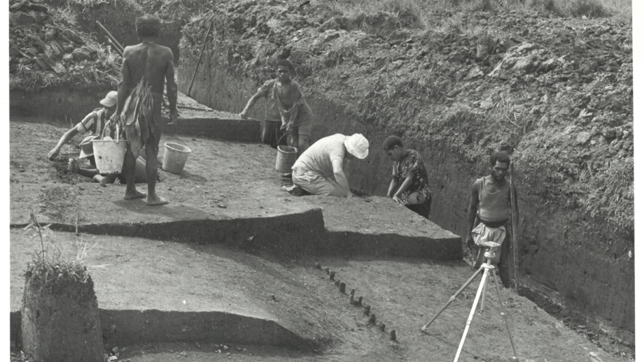 Black and white photo of archaeological excavation