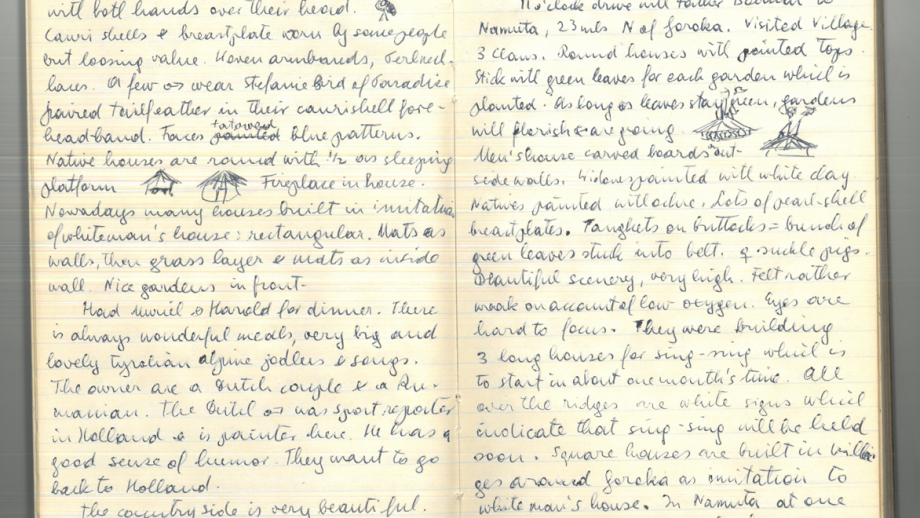Open hand-written diary, with hand-drawn illustrations