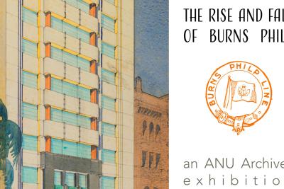Exhibition poster showing a building and trademark